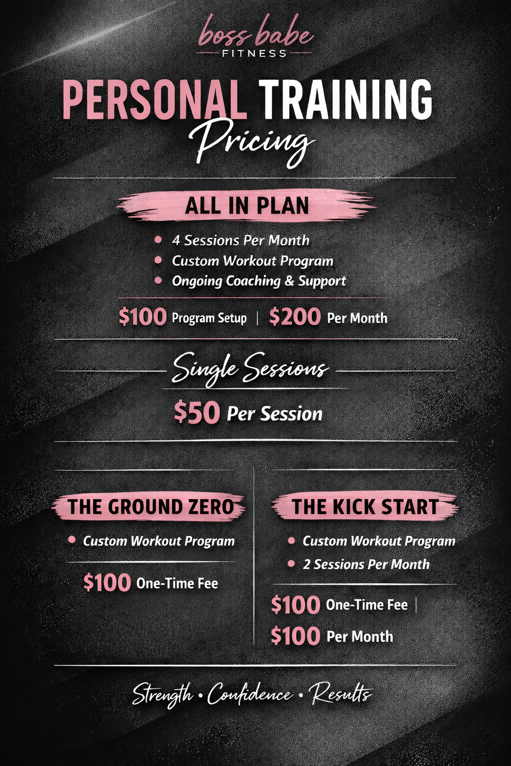 Pricing options for Boss Babe Fitness personal training, including all-in-plan with 4 sessions per month, custom workout, coaching support, and single sessions, as well as specialized programs called The Ground Zero and The Kick Start with their respective fees.