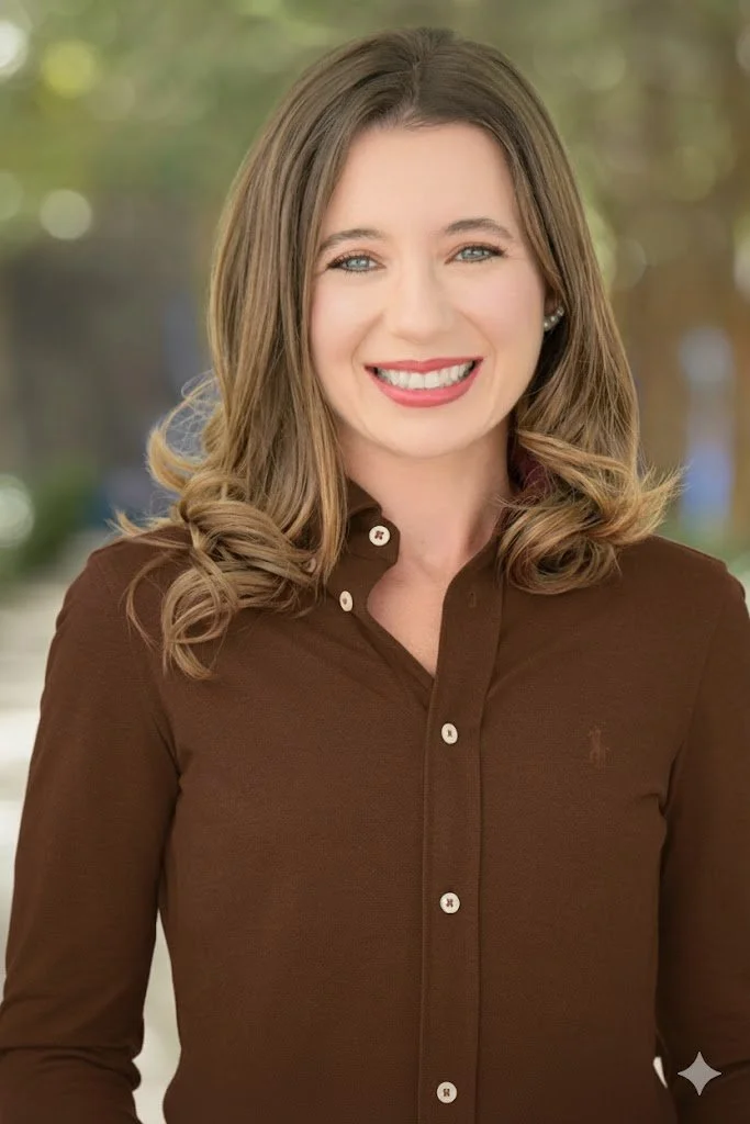 A woman with shoulder-length wavy brown hair, smiling, wearing a brown button-up shirt, standing outdoors with blurred trees in the background.