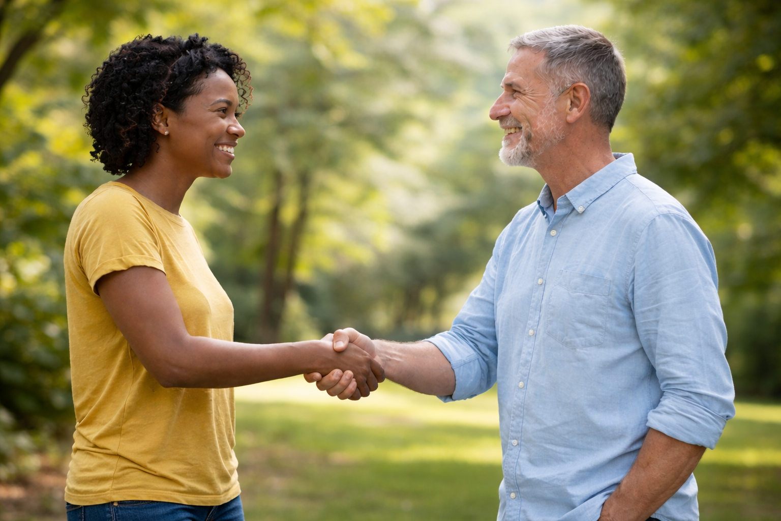 A woman and a man shake hands outdoors in a park with green trees in the background, both smiling at each other.