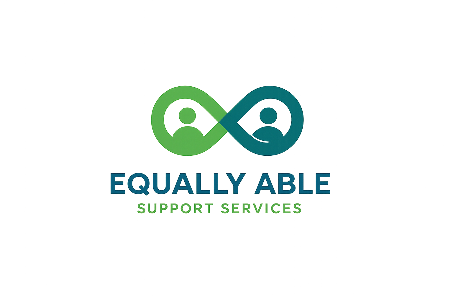Logo of Eqqually Able Support Services, featuring two interlocking human figures within a loop, with the organization name below.