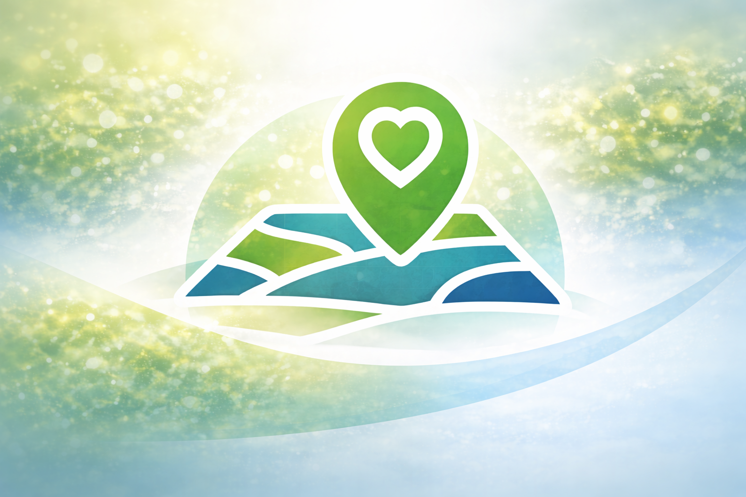 A stylized map with a green location pin featuring a heart symbol, set against a soft, glowing background of green, yellow, and blue.