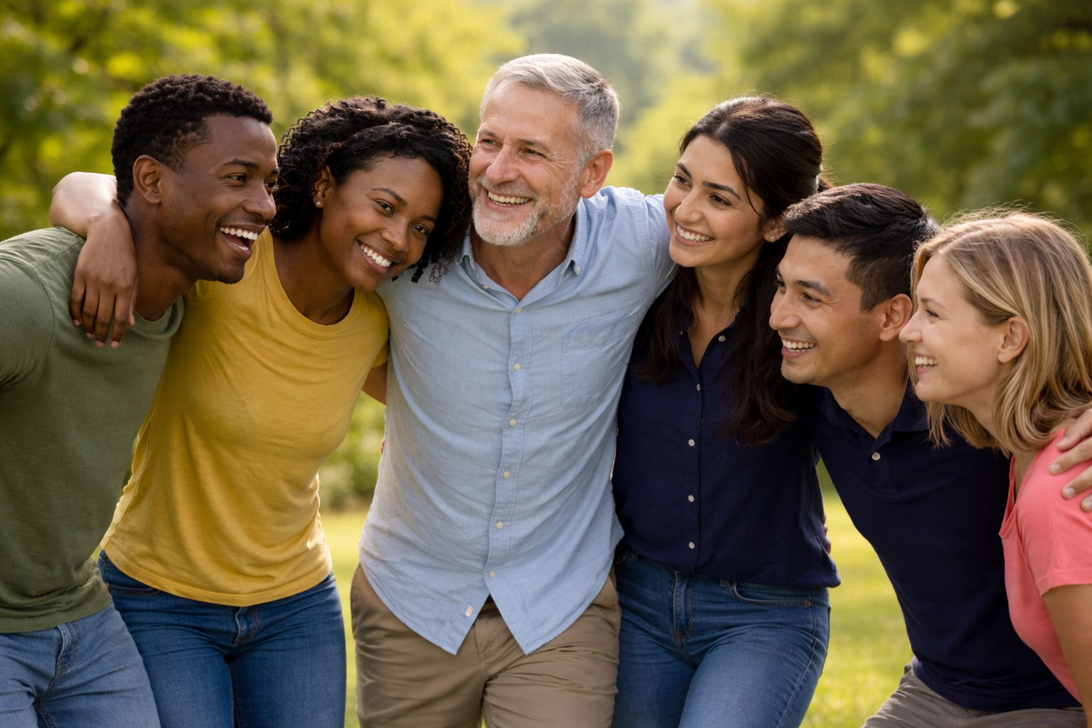 A diverse group of six people smiling and hugging outdoors in a park with green trees in the background.
