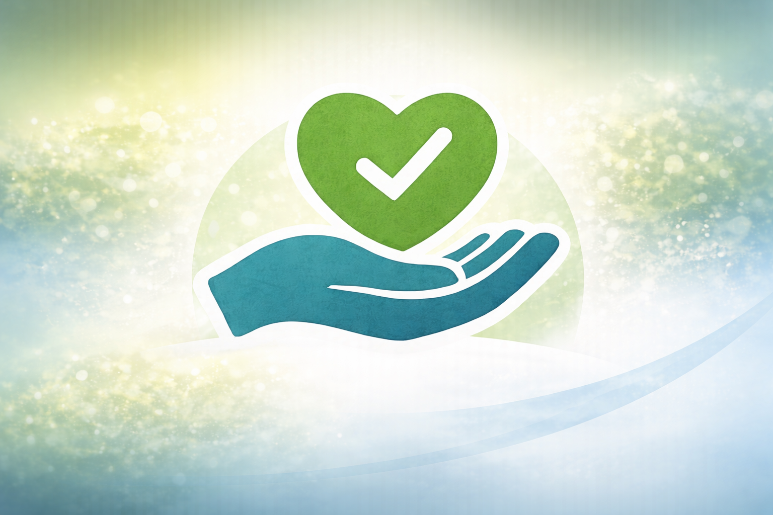 A stylized hand holding a green heart with a white checkmark inside, representing care and approval.