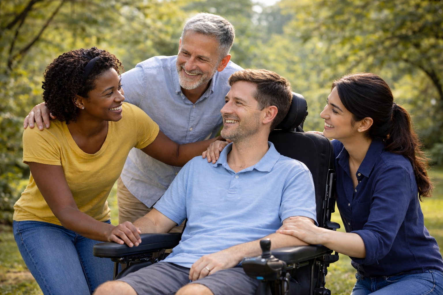 Group of four diverse people smiling and interacting outdoors, with one man in a wheelchair, surrounded by trees and greenery.