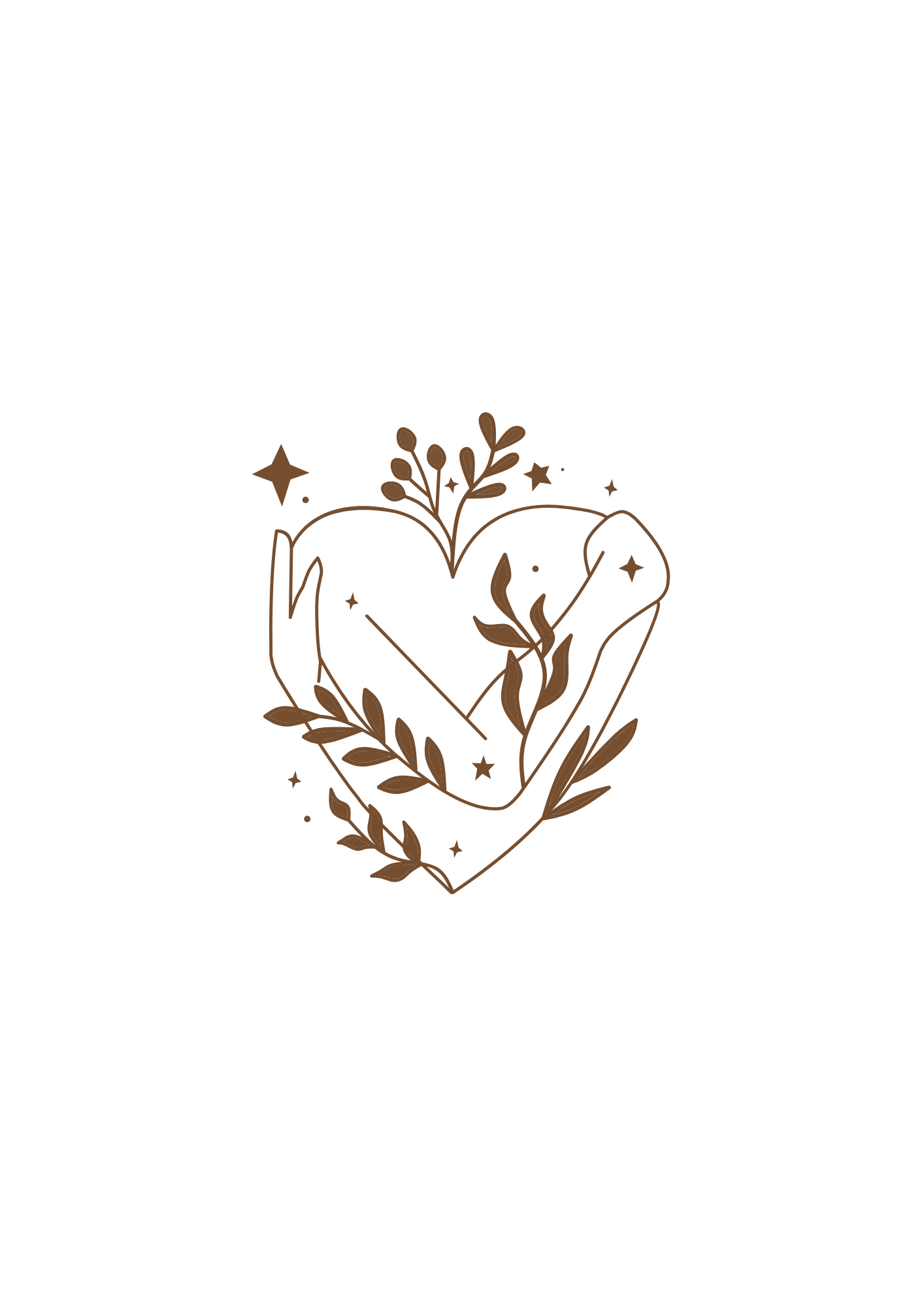 Un dessin minimaliste d'un cœur avec des plantes, des étoiles, et une flèche, le tout en couleur marron clair sur un fond noir.