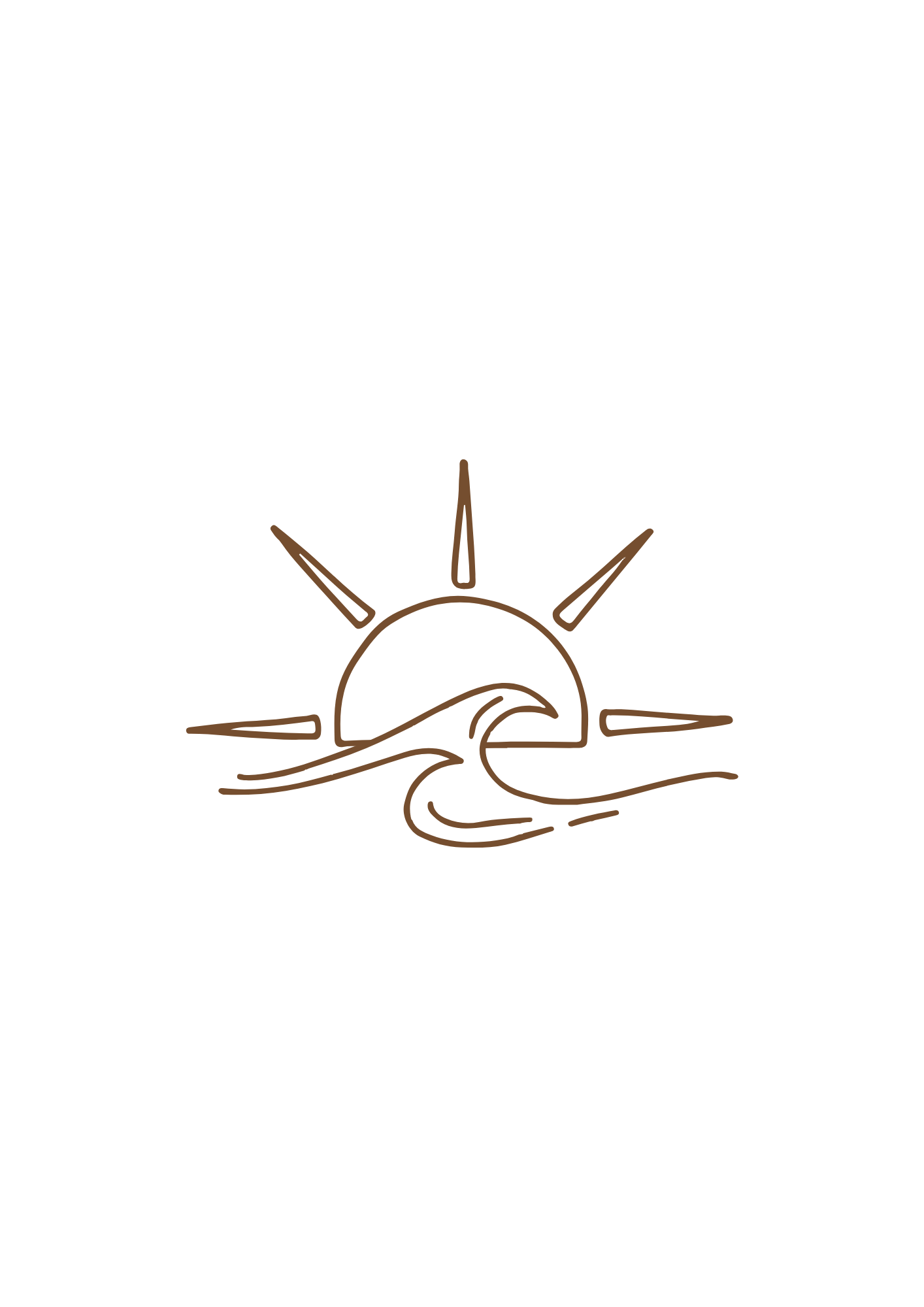Dessins minimalistes en ligne brune représentant un coucher de soleil sur la mer avec des rayons du soleil et une vague.