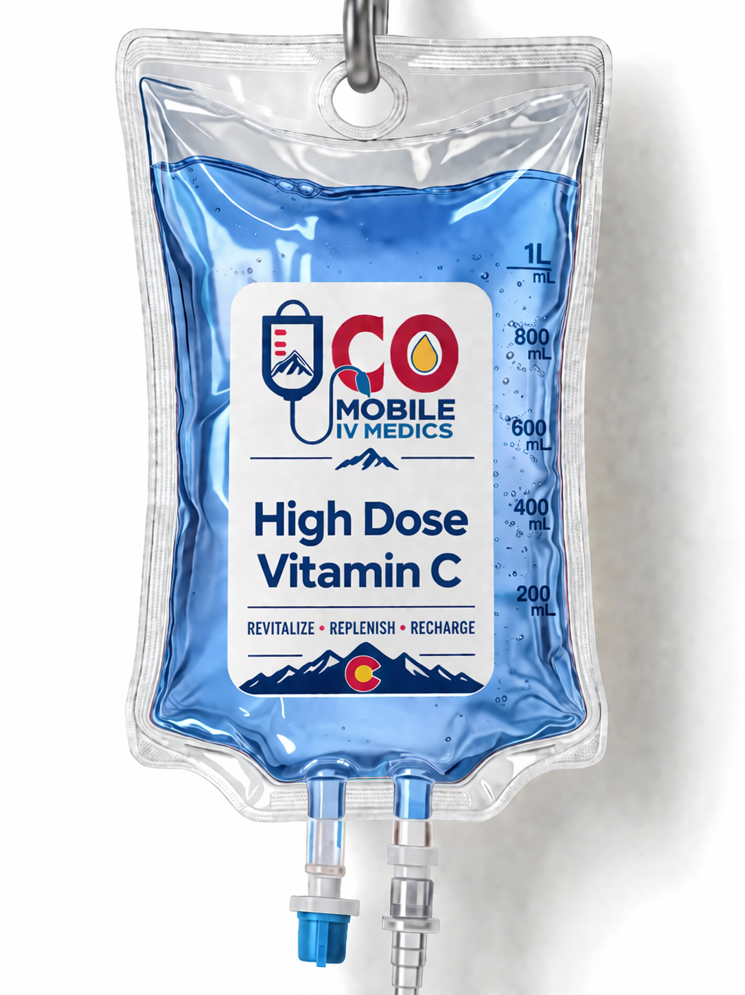 This is an IV fluid bag that has High Dose Vitamin C on it. Colorado Mobile IV Medics offers high dose vitamin c infusions.