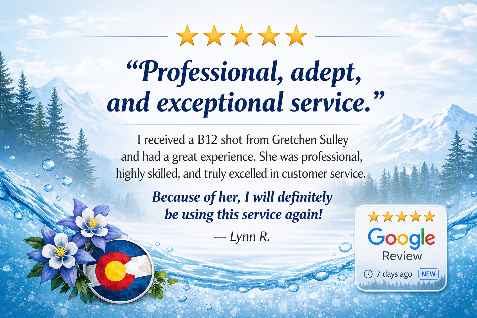5 star review from client for colorado mobile iv medics stating service was profession and provider was adept
