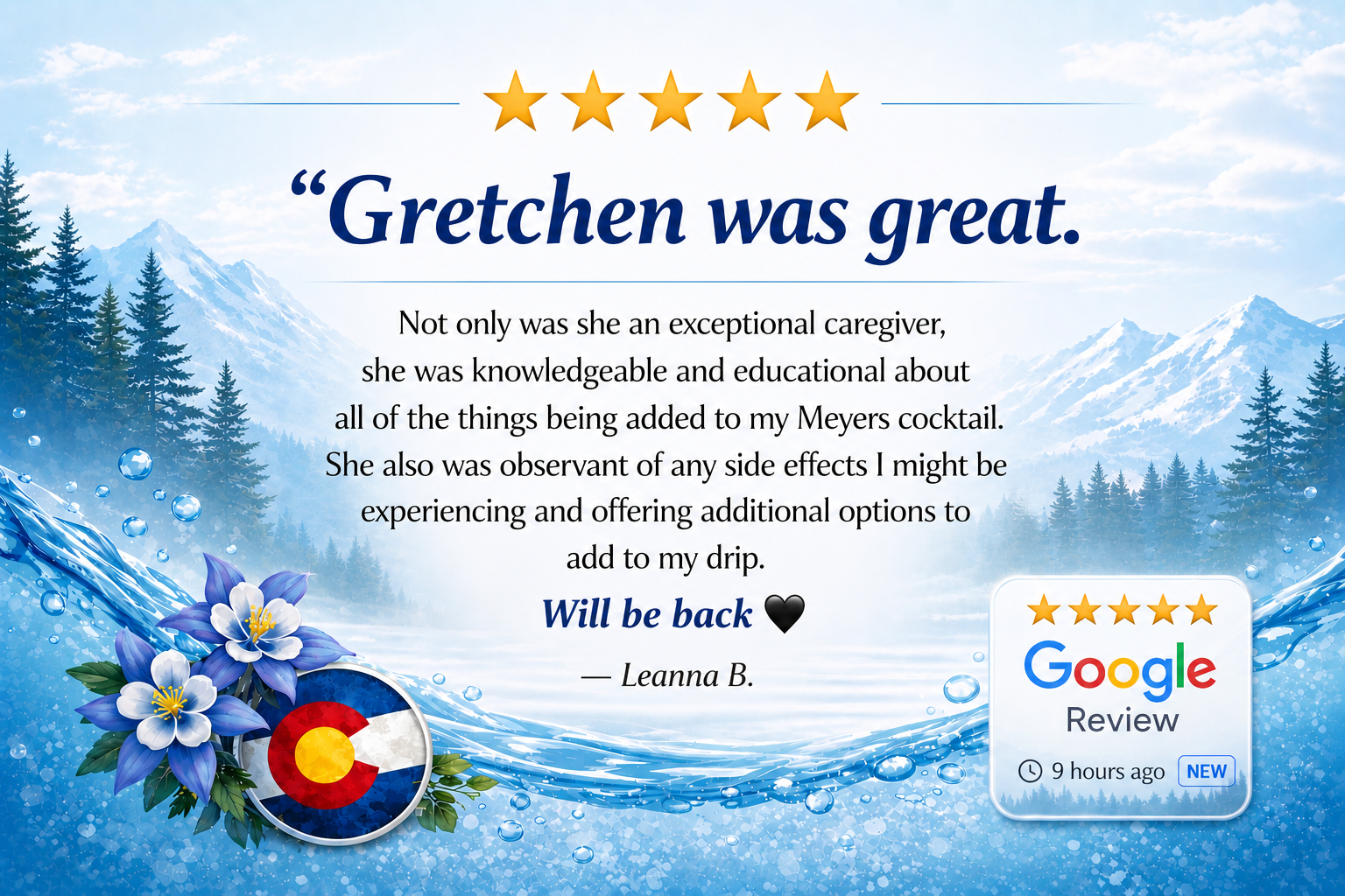 5 star google review by client for colorado mobile iv medics stating provider was amazing.