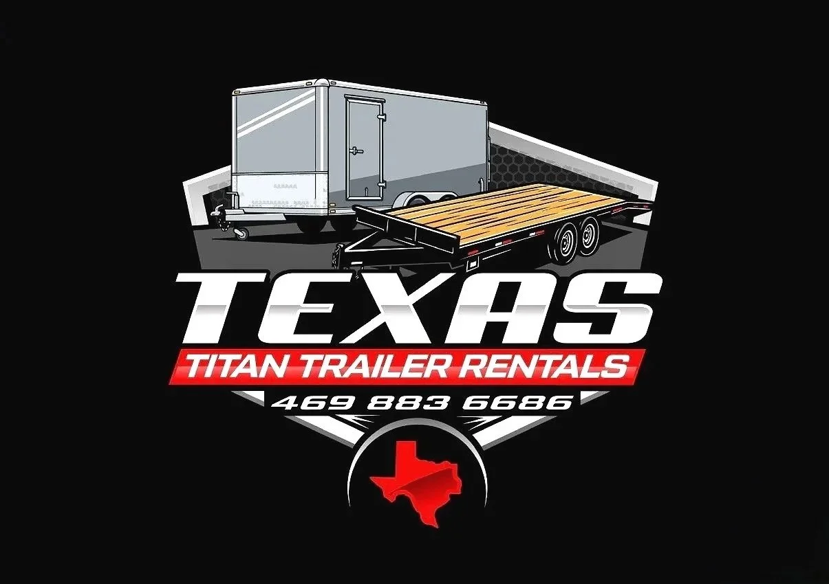 Logo for Texas Titan Trailer Rentals featuring a gray enclosed trailer, a flatbed trailer, and a red Texas state outline with a city map, alongside the company name, phone number, and a black background.
