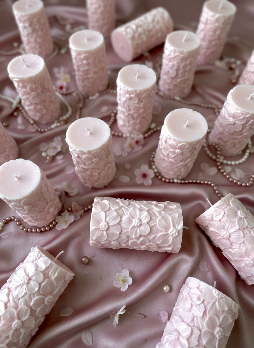 Bougies roses décoratives avec motifs floraux en relief, disposées sur un tissu en satin rose avec petites fleurs et perles.