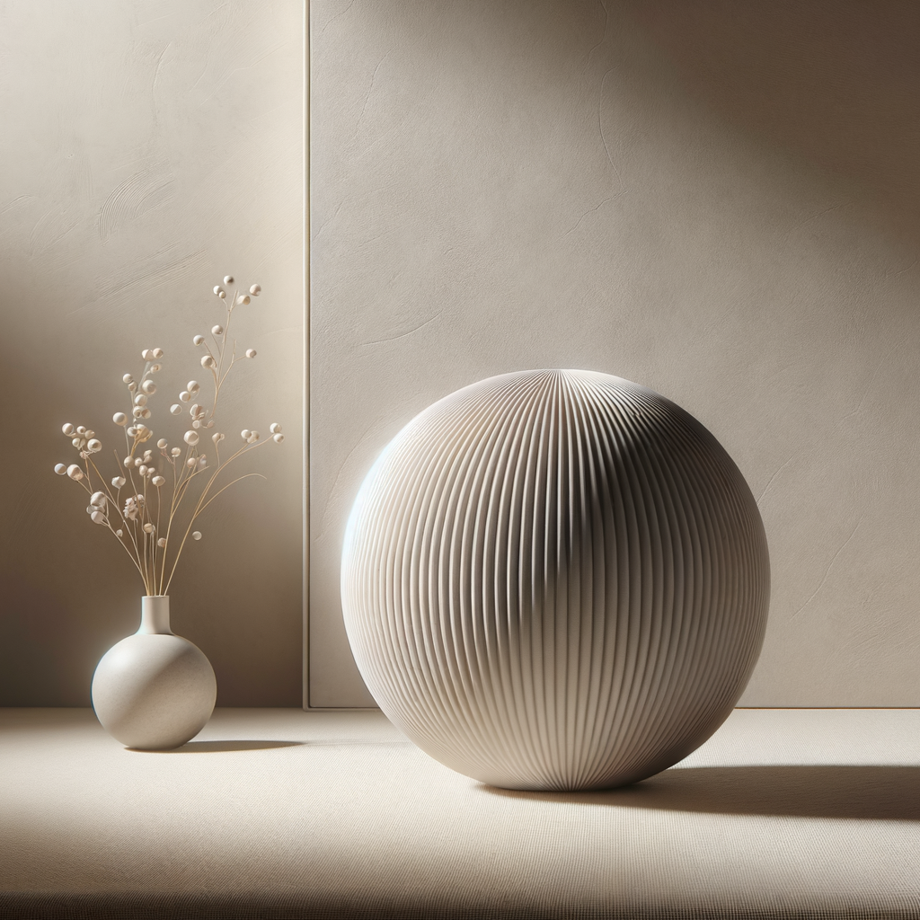 Minimalistische Inneneinrichtung mit einer weißen Vase und einem großen, geriffelten weißen Ball auf einer hellen Oberfläche, beige Wand im Hintergrund.
