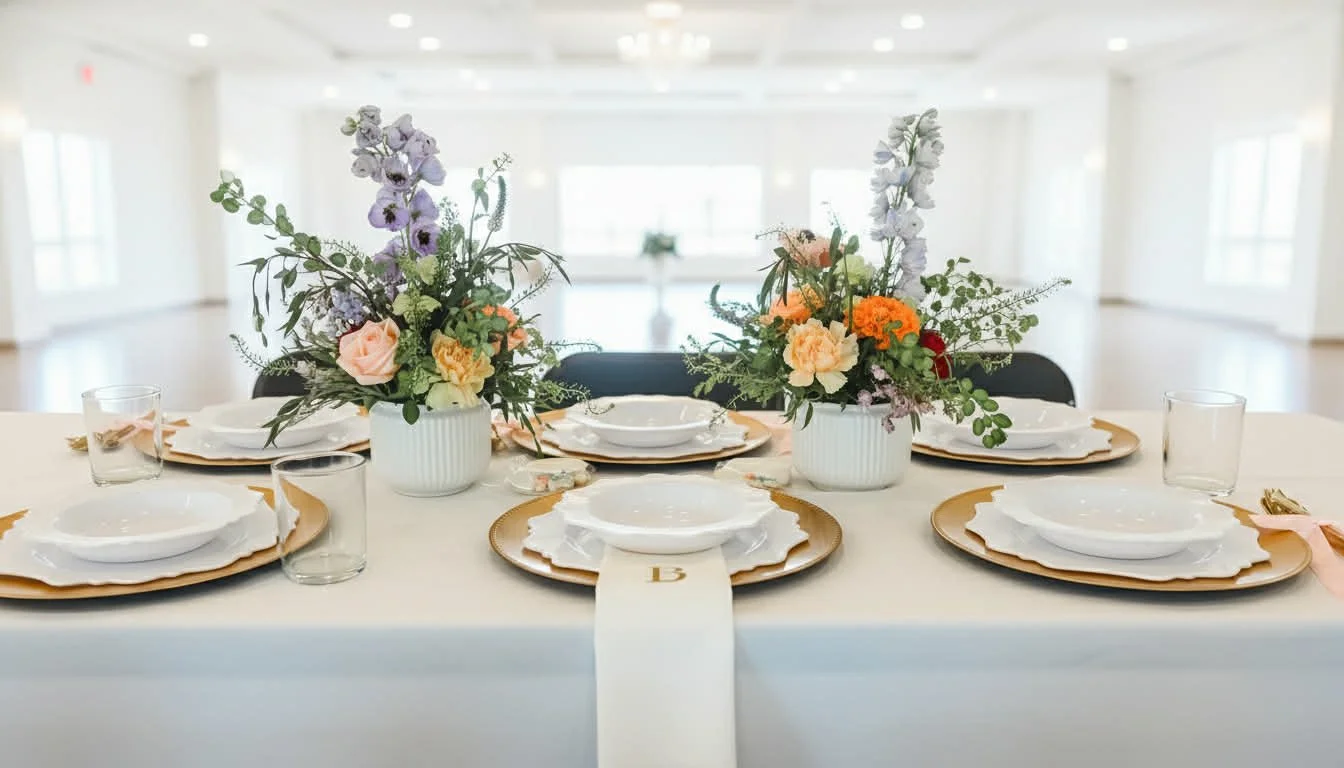 Table set for a formal event with floral centerpieces, white plates, gold chargers, and glassware, in a bright, spacious room.