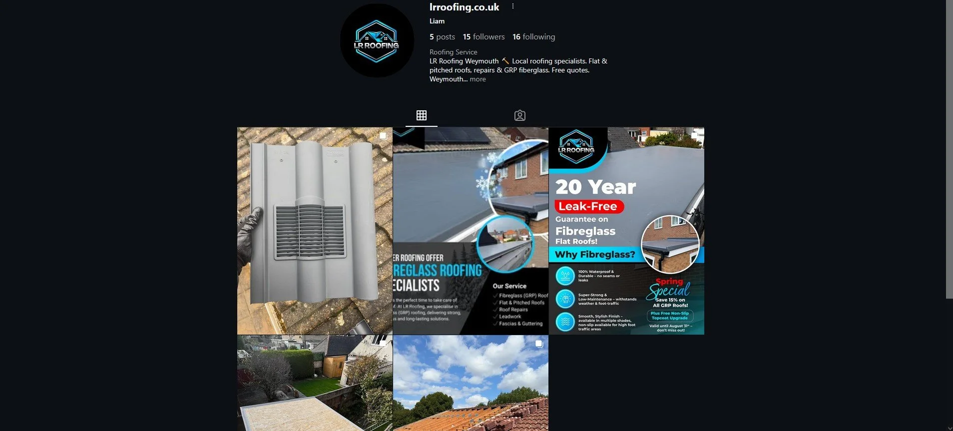 Instagram profile page for LR Roofing, displaying photos of roofing work, a flyer advertising fiberglass flat roofing with a 20-year leak-free guarantee, and images of a rooftop and a backyard with trees and a brick house.