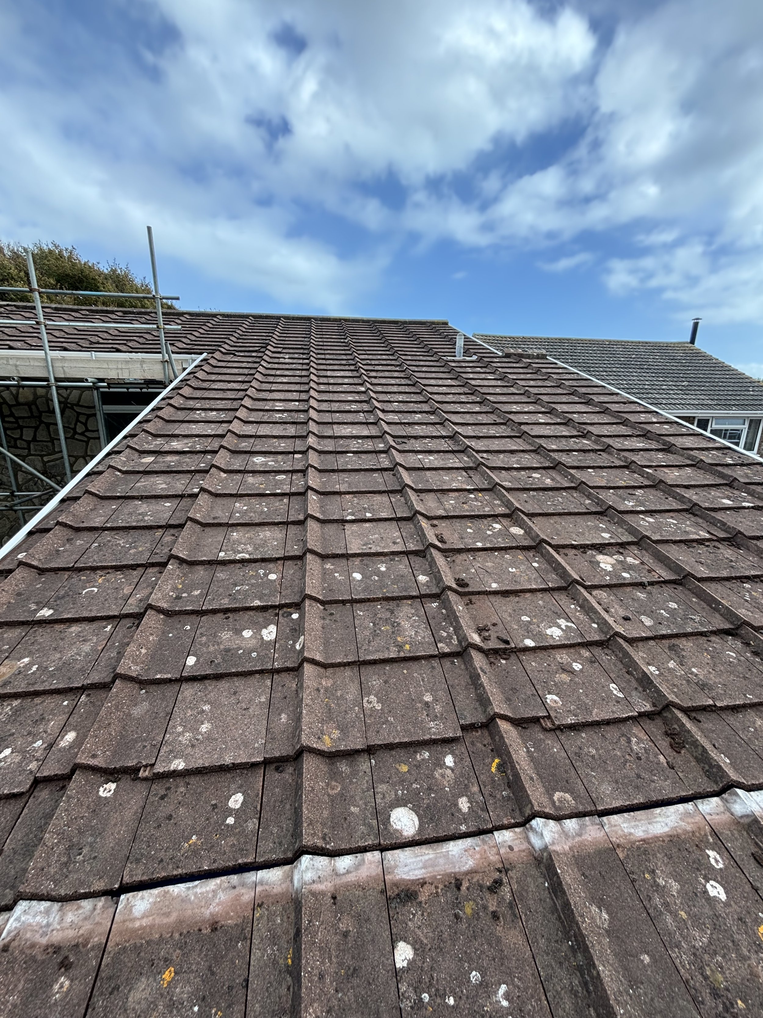 Photo of a pitched shingle roof with some moss and lichen, looking upward towards a partly cloudy sky.