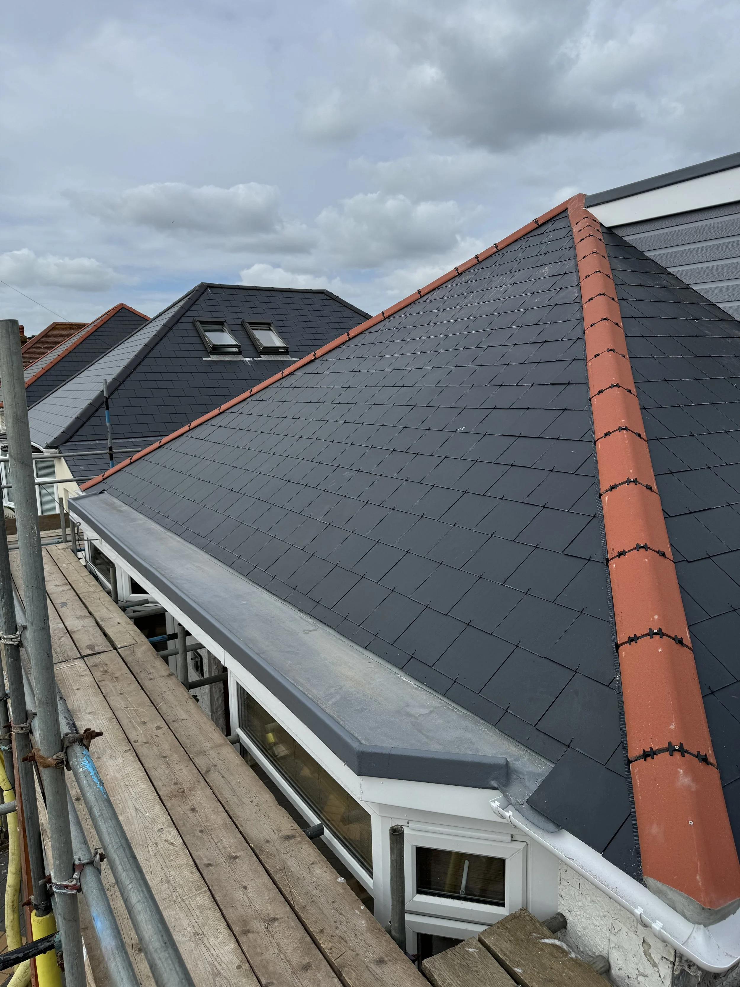 View of multiple rooftops with dark shingles, skylights, and red ridge tiles; cloudy sky in background.