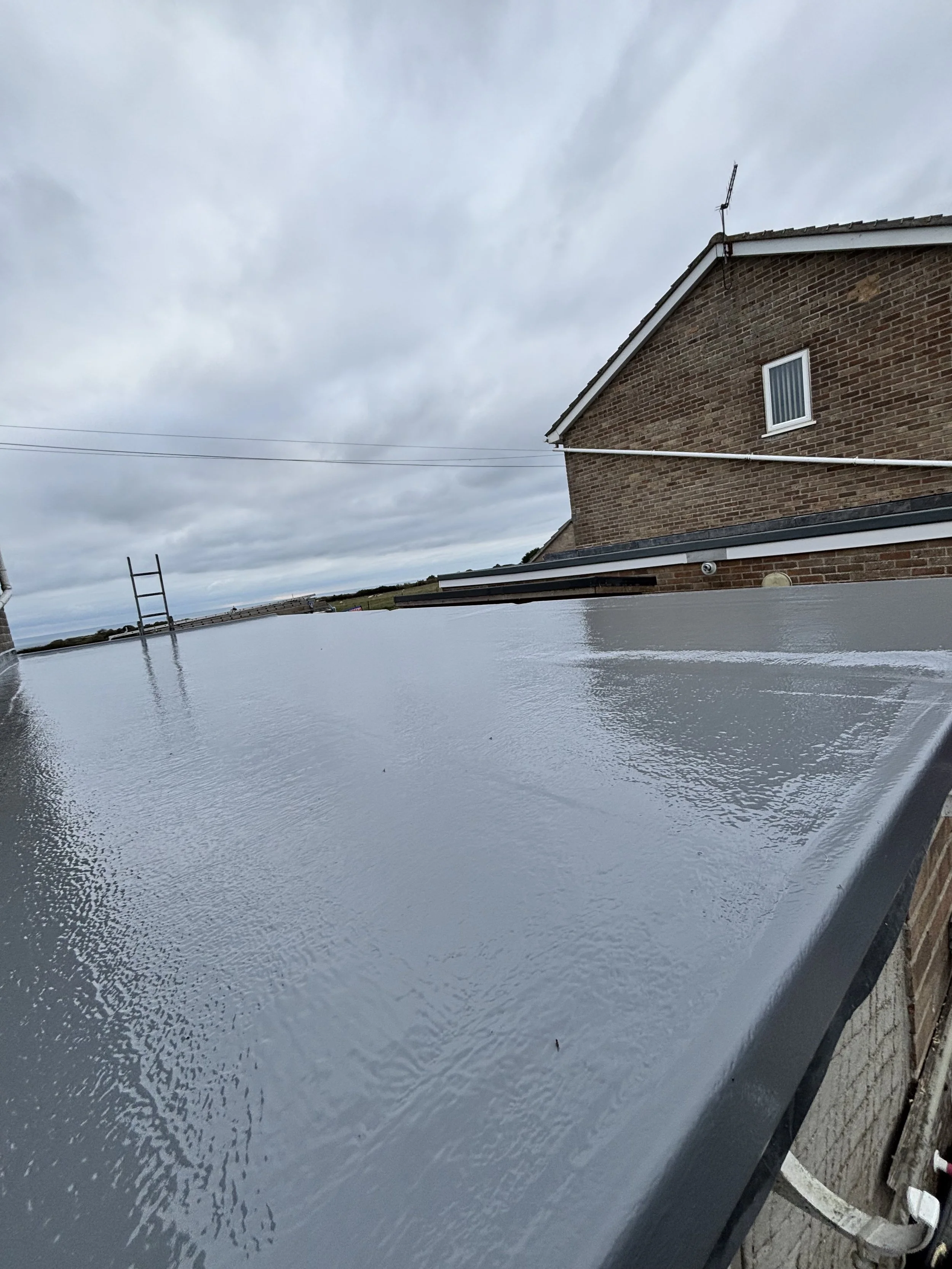Close-up of a shiny, reflective, gray roof surface on a building with a brick wall, under a cloudy sky.