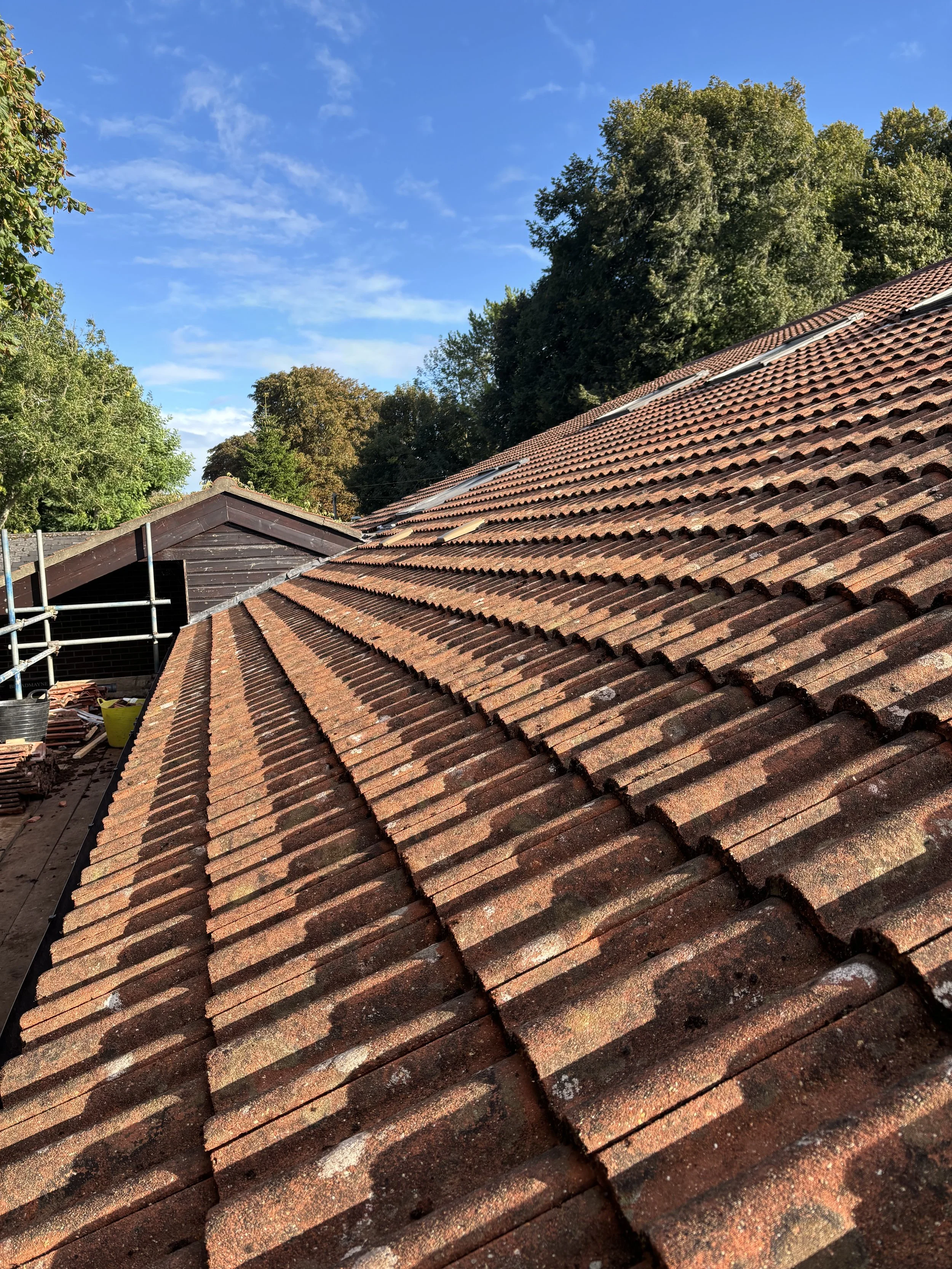 Close-up of a sloped rooftop covered with reddish-brown tiles, with a clear blue sky and trees in the background.