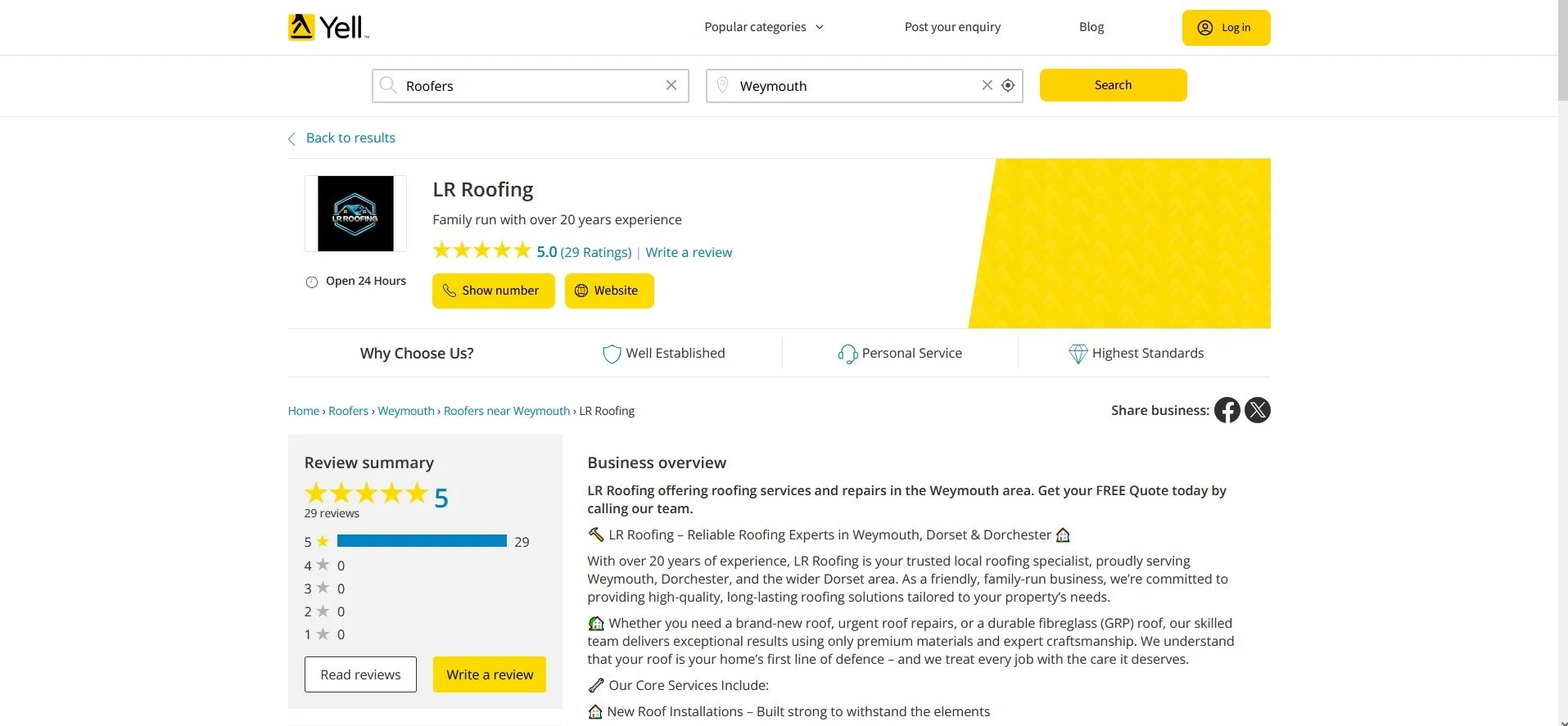 Screenshot of a website page for LT Roofing showing search results for roofers near Weymouth with a focus on the business profile of LT Roofing.