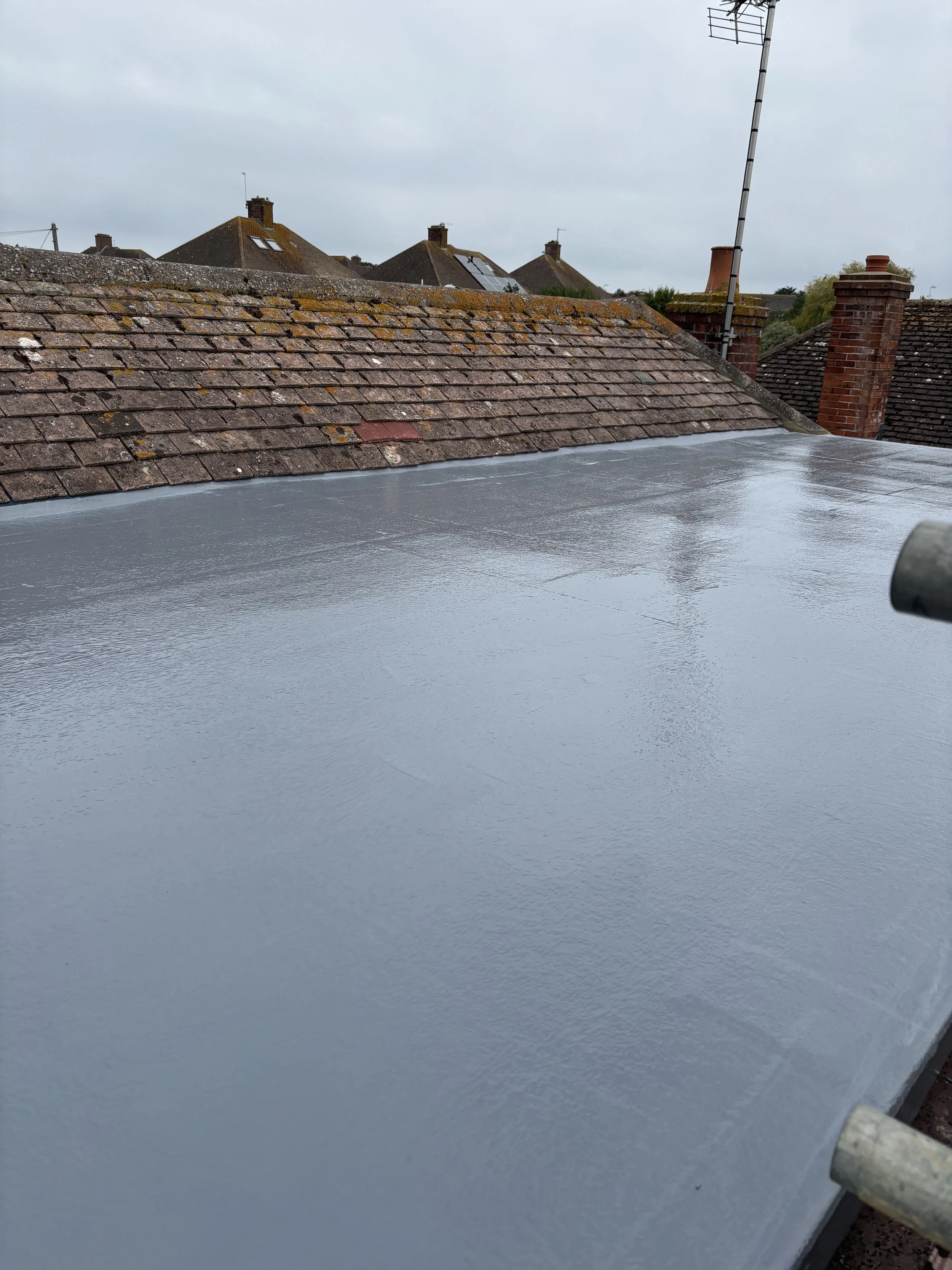 A flat roof with a newly applied waterproof coating, roof tiles, and chimneys visible in the background on overcast day.