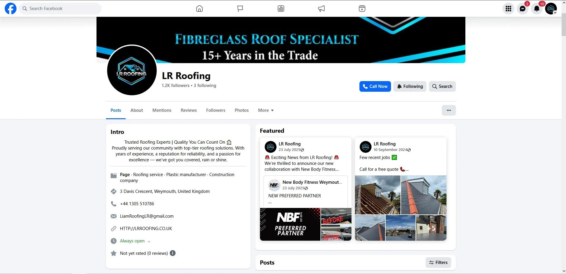 Facebook business page for LR Roofing, a fiber glass roof specialist with over 15 years of experience. The cover photo displays the company’s banner, and the profile picture features its logo. The page includes sections for posts, about, reviews, photos, and more.