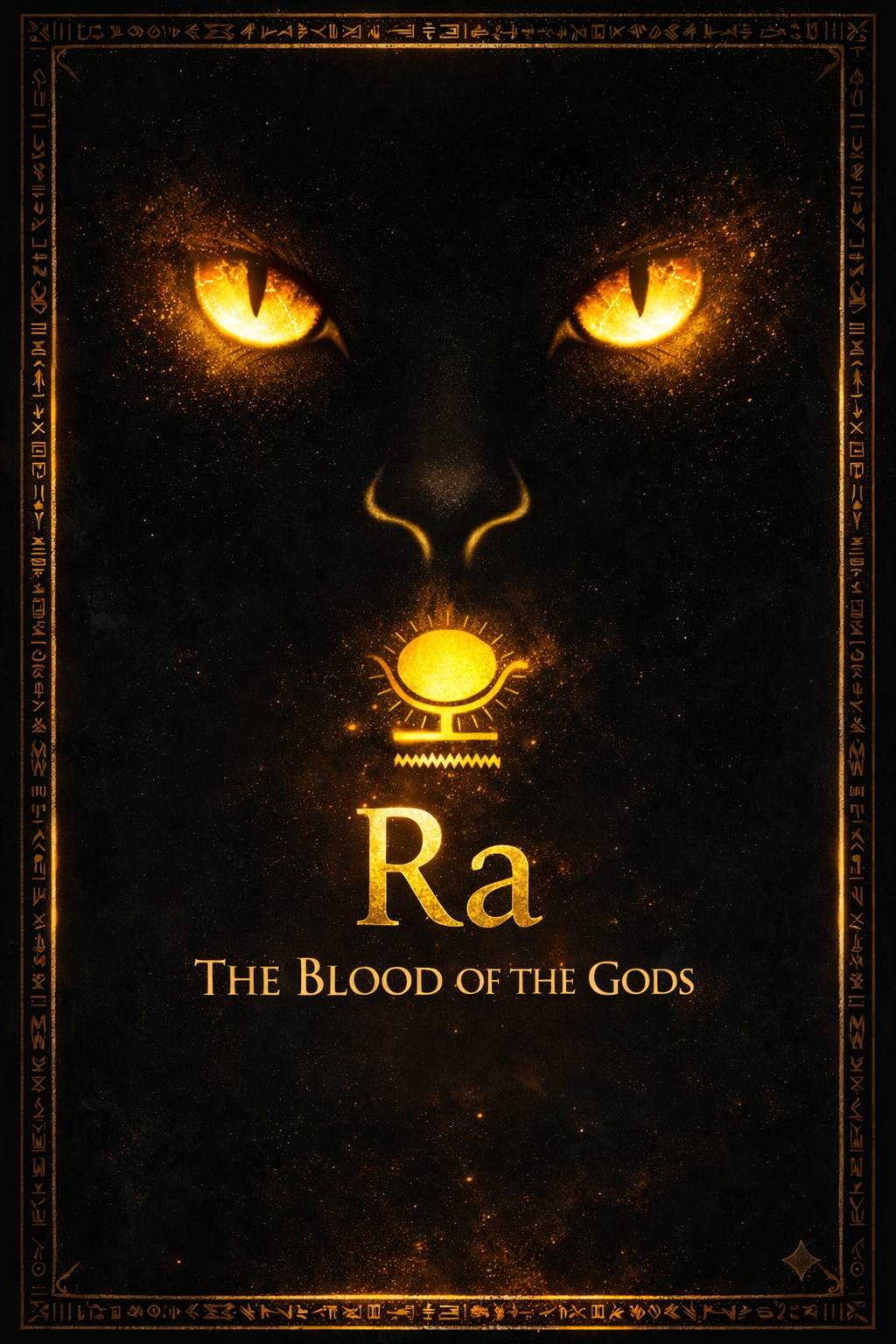 Artistic depiction of a black feline face with glowing, golden eyes, surrounding runic symbols, and text reading 'Ra: The Blood of the Gods'.