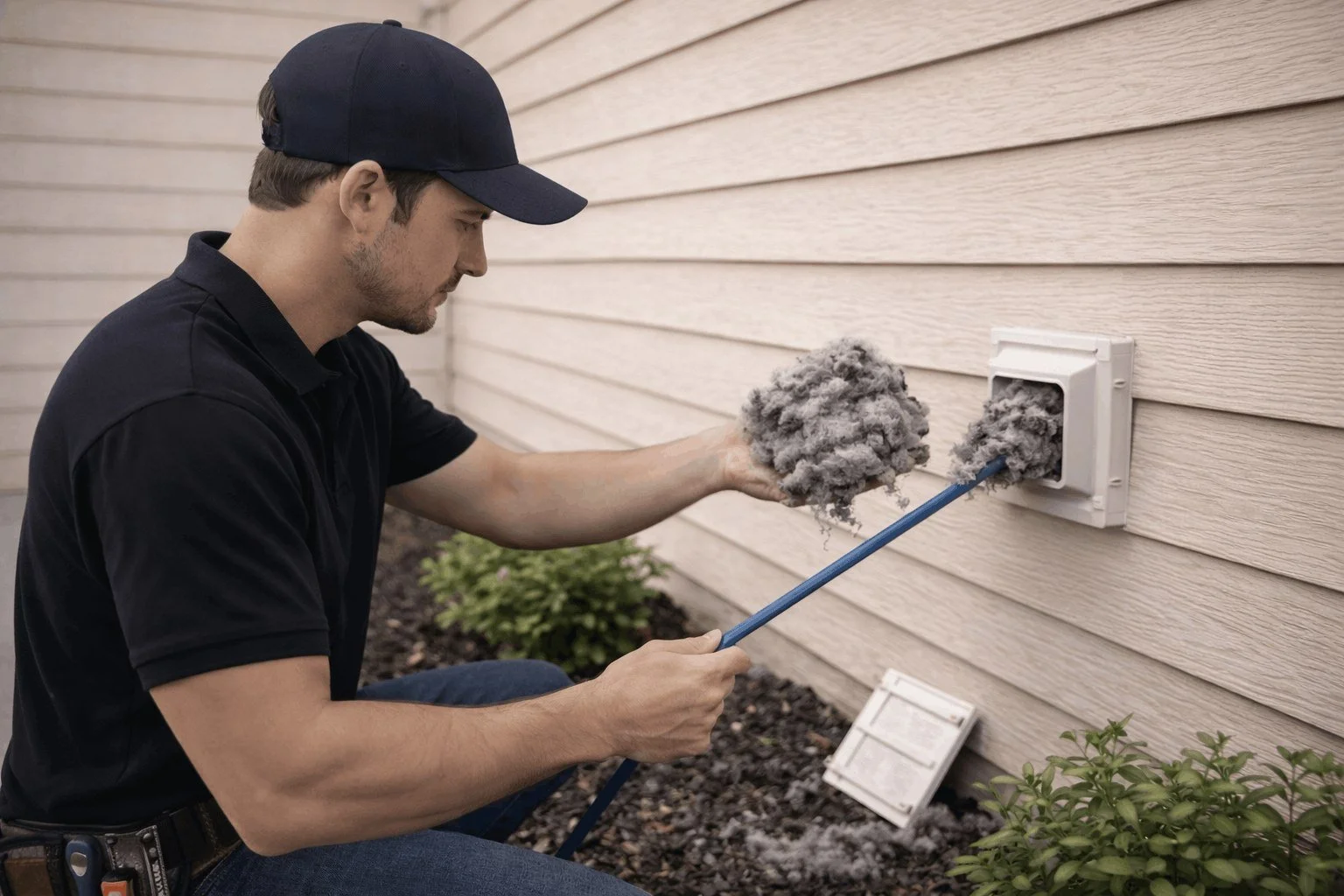 Professional technician in black uniform cleaning dryer vent with brush and rod, removing lint buildup from exterior vent for improved airflow and fire prevention