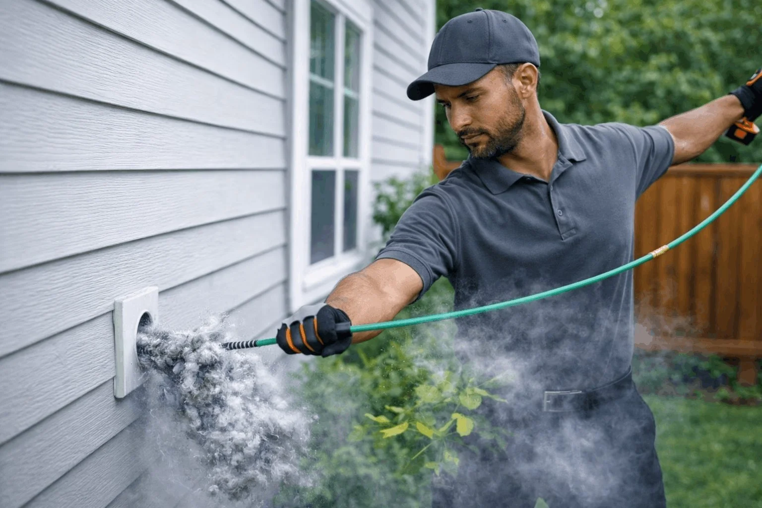 Technician cleaning a dryer vent on a gray siding home as a large amount of lint blows out during professional dryer vent cleaning service