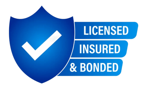 Licensed, insured, and bonded badge with blue shield and checkmark representing trusted and certified home service professionals