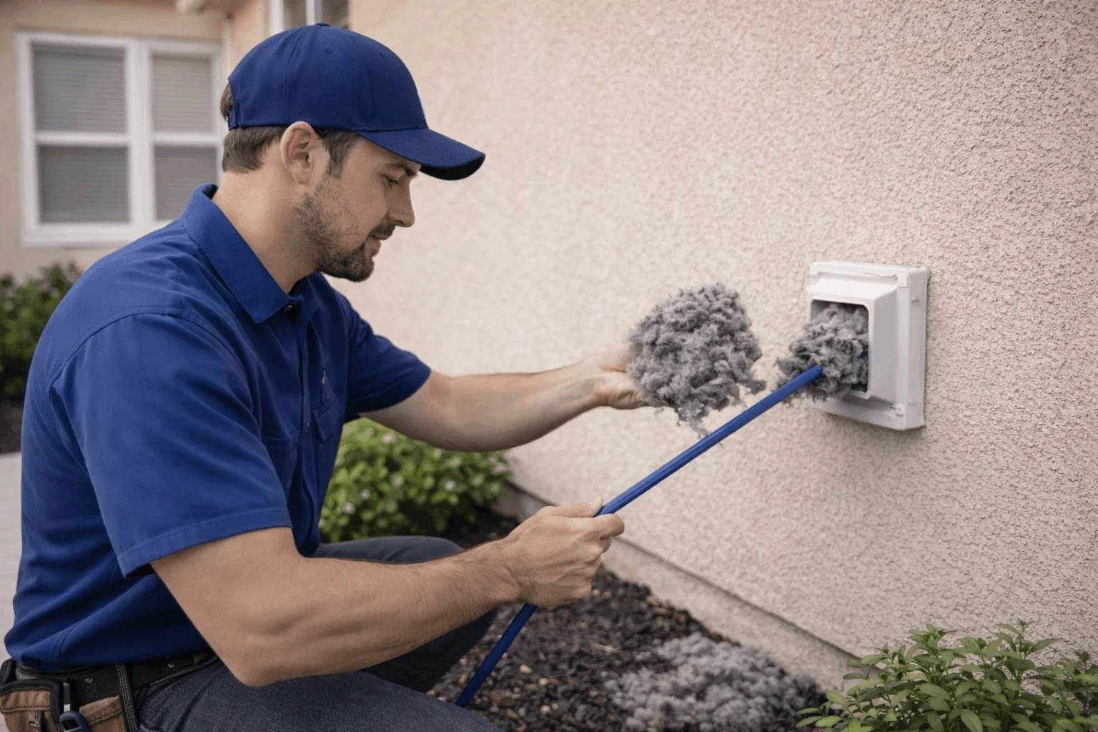 Technician cleaning a clogged dryer vent on a stucco home exterior using a brush rod, removing lint buildup for improved airflow and safety