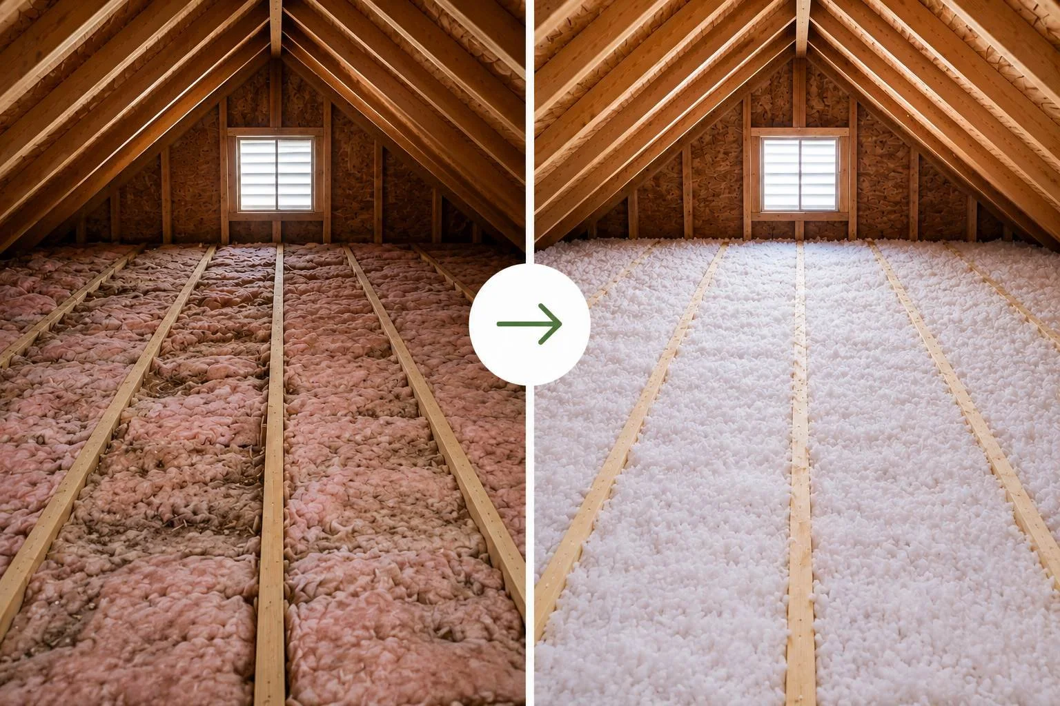 Before and after attic insulation upgrade showing improved attic floor insulation for better home energy efficiency in Dallas, Texas.