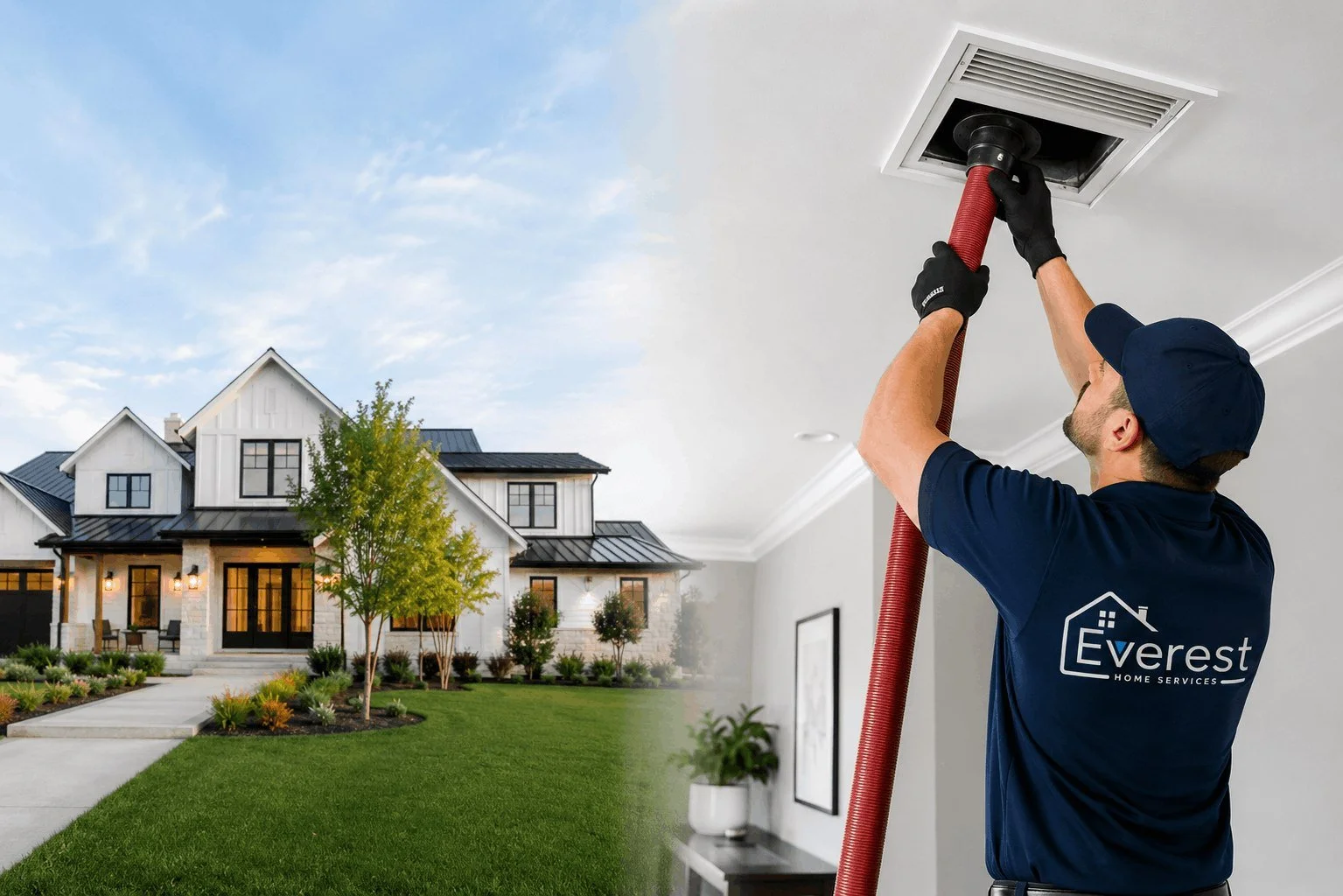 Everest Home Services technician cleaning a residential air duct vent inside a modern home with the Everest Home Services logo on the uniform and a luxury home exterior in the background.