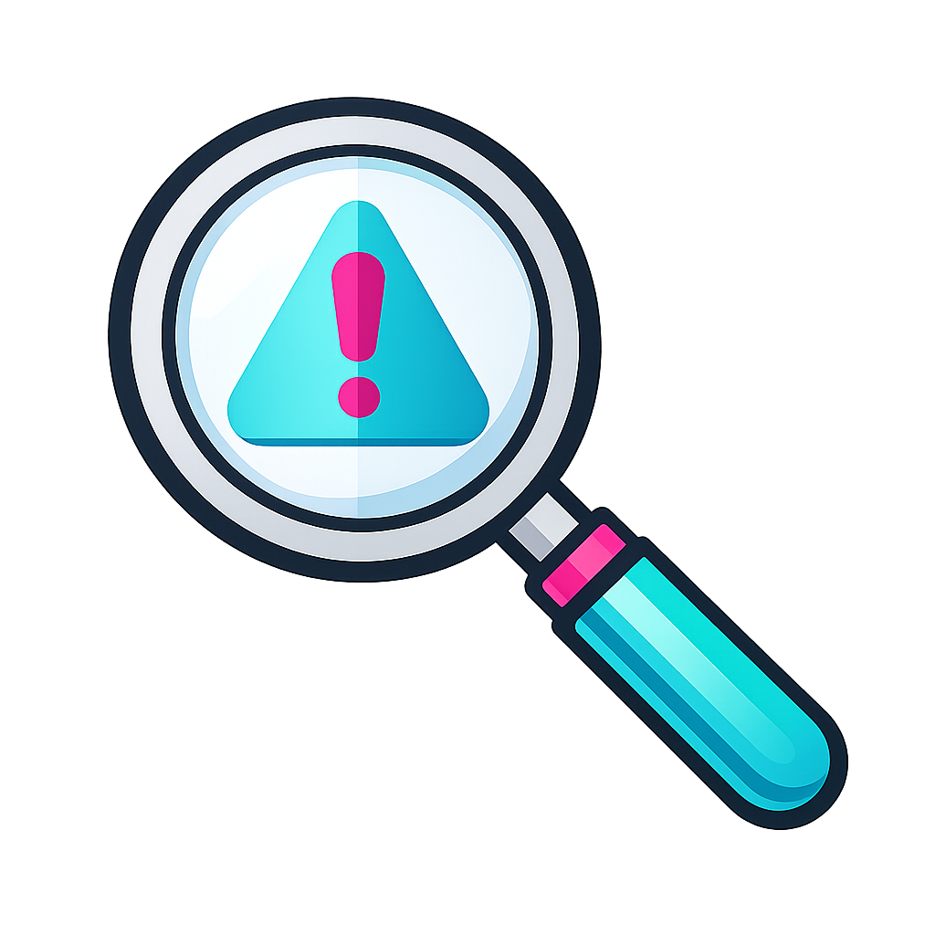 Magnifying glass with a warning sign featuring a yellow triangle with a red exclamation mark in the center.