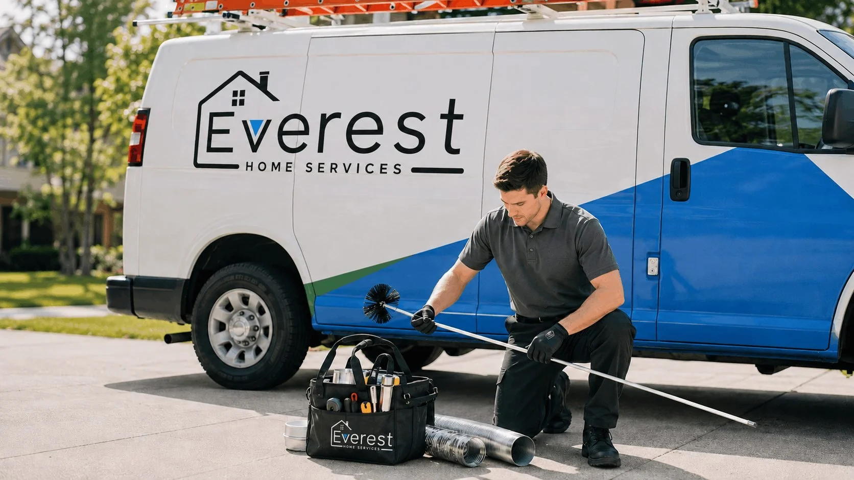 Professional Everest Home Services technician kneeling beside a branded service van while assembling flexible dryer vent cleaning brush rods and equipment in a residential driveway in the Dallas–Fort Worth area.