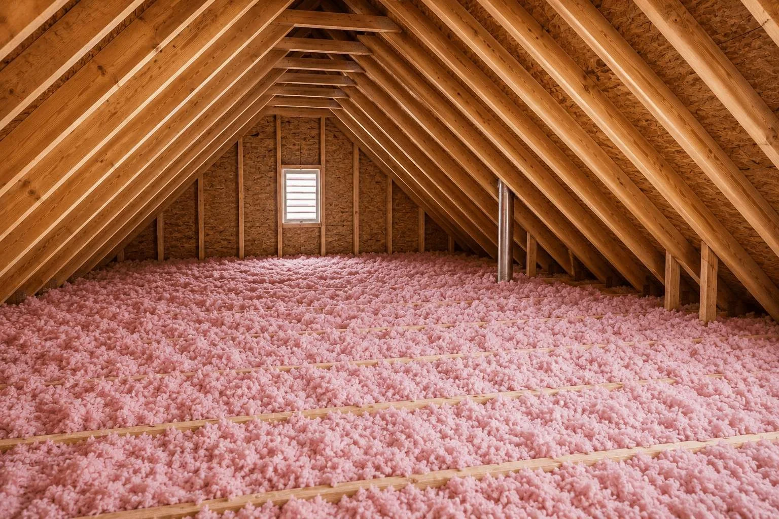 Fresh fiberglass attic insulation installed in a residential attic to improve energy efficiency and year-round comfort.