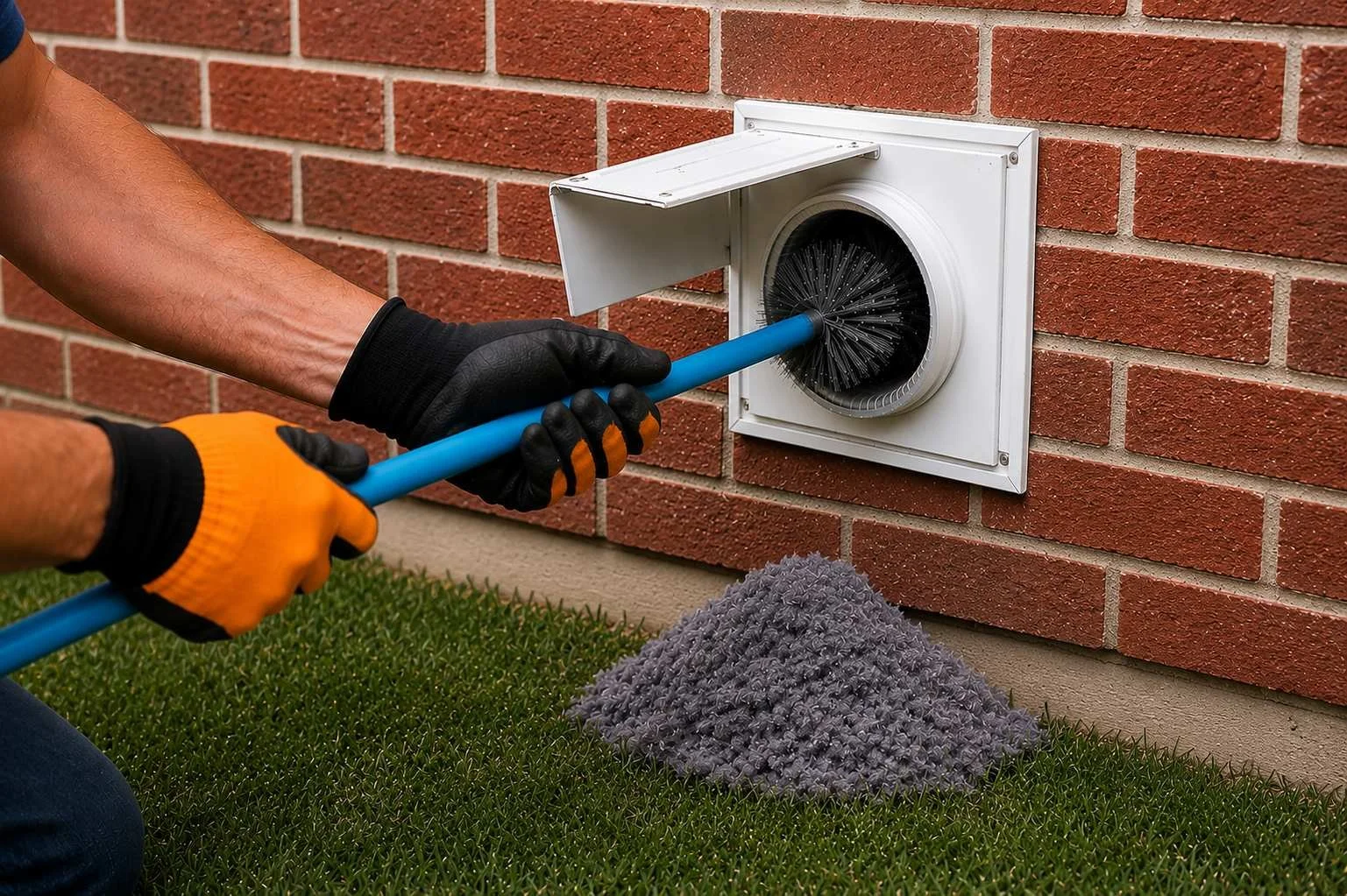 Technician removing lint from a residential dryer vent to improve dryer efficiency and reduce fire hazards.