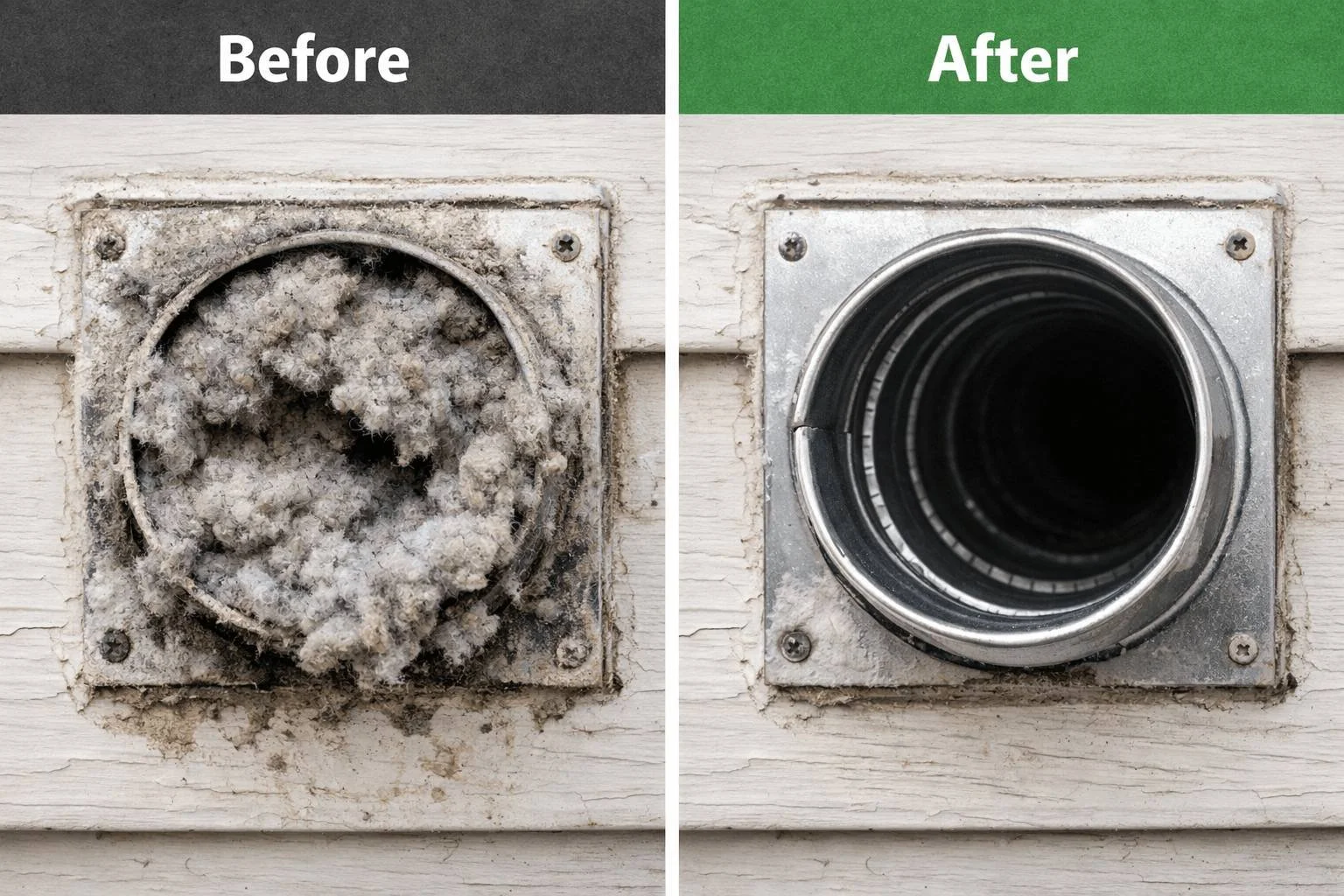 Before and after dryer vent cleaning in Dallas TX showing clogged lint-filled vent vs clean clear airflow after professional service by Everest Home Services