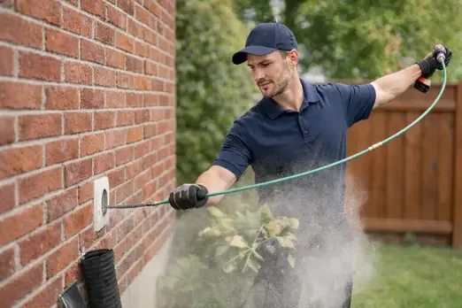 Dryer vent cleaning service icon showing a lint removal brush cleaning a clogged dryer vent hose