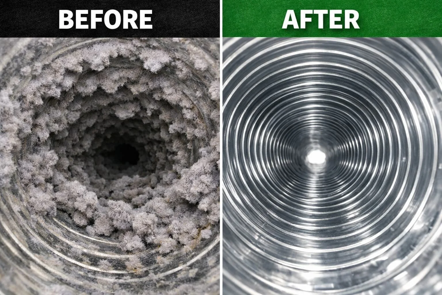Before and after dryer vent cleaning showing heavy lint buildup vs clean metal duct improving airflow and reducing fire risk