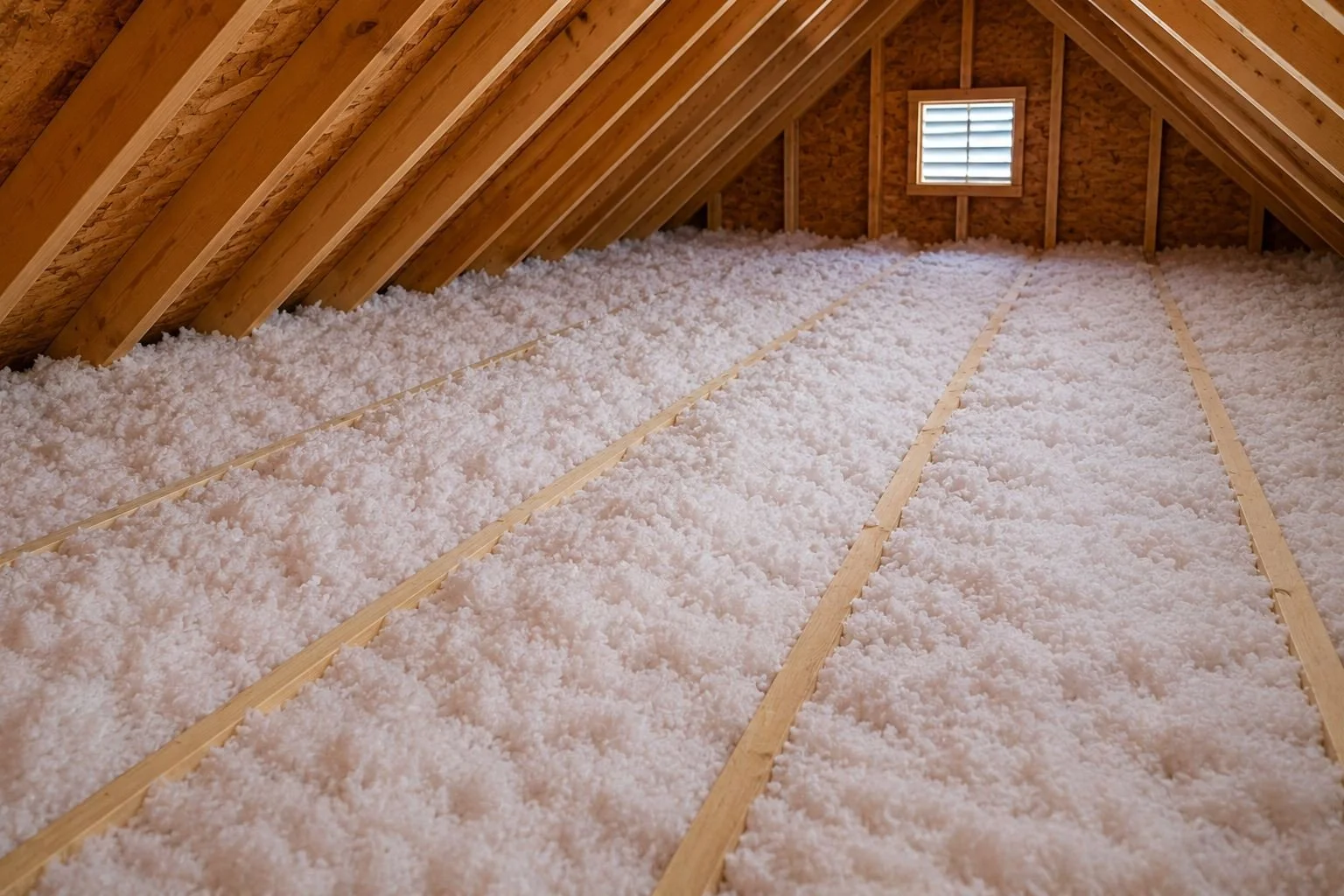 Blown-in fiberglass insulation evenly covering an attic floor to improve energy efficiency in a Dallas, Texas home.