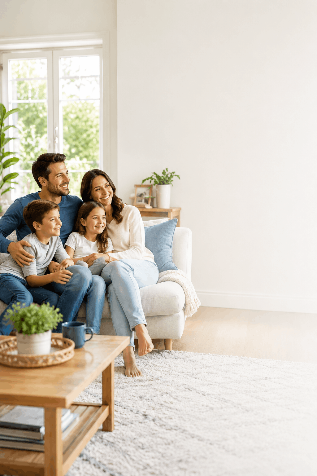 Happy family relaxing in a bright, clean living room after professional indoor air quality and home services.
