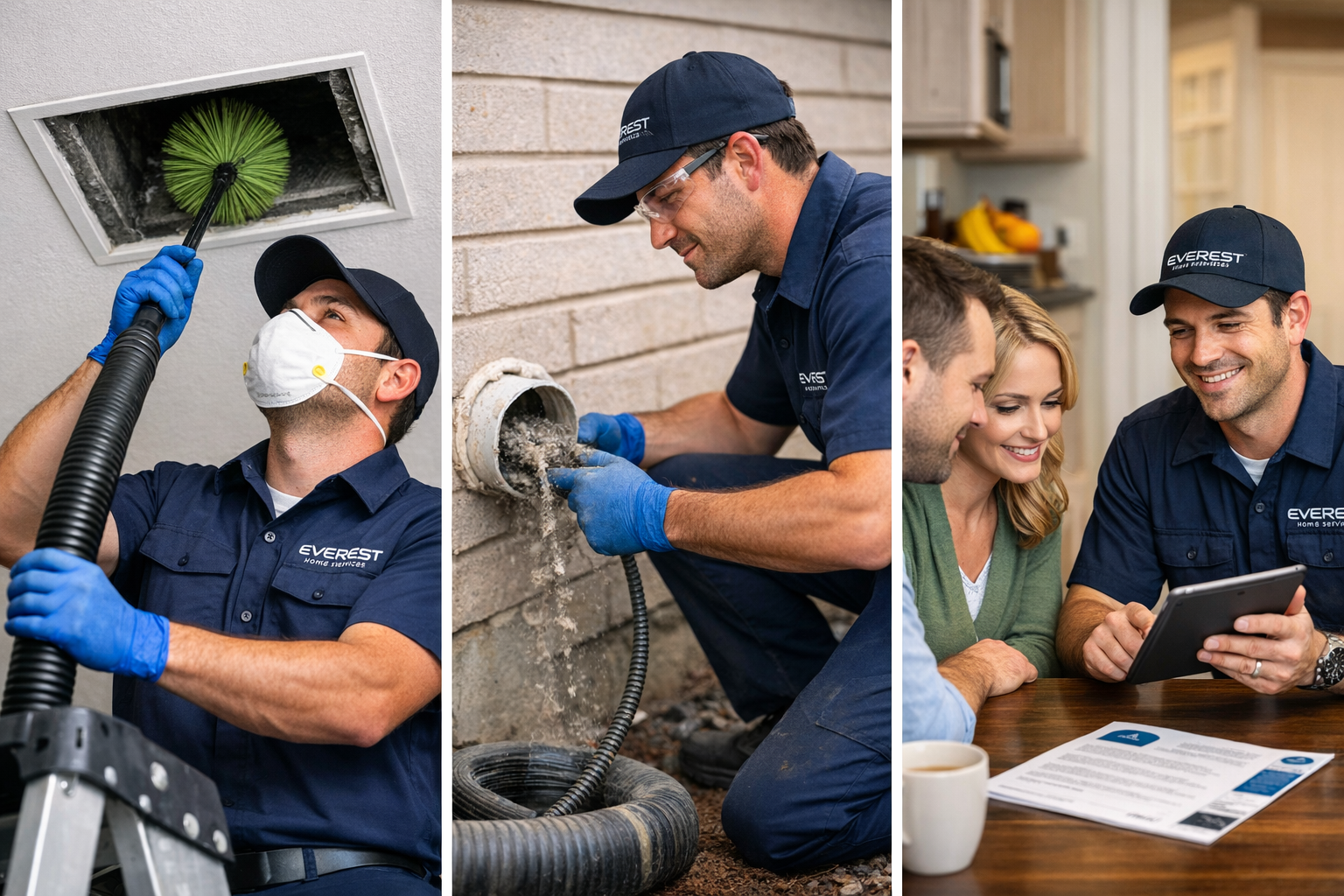 Everest Home Services technicians performing air duct and dryer vent cleaning in a Texas home
