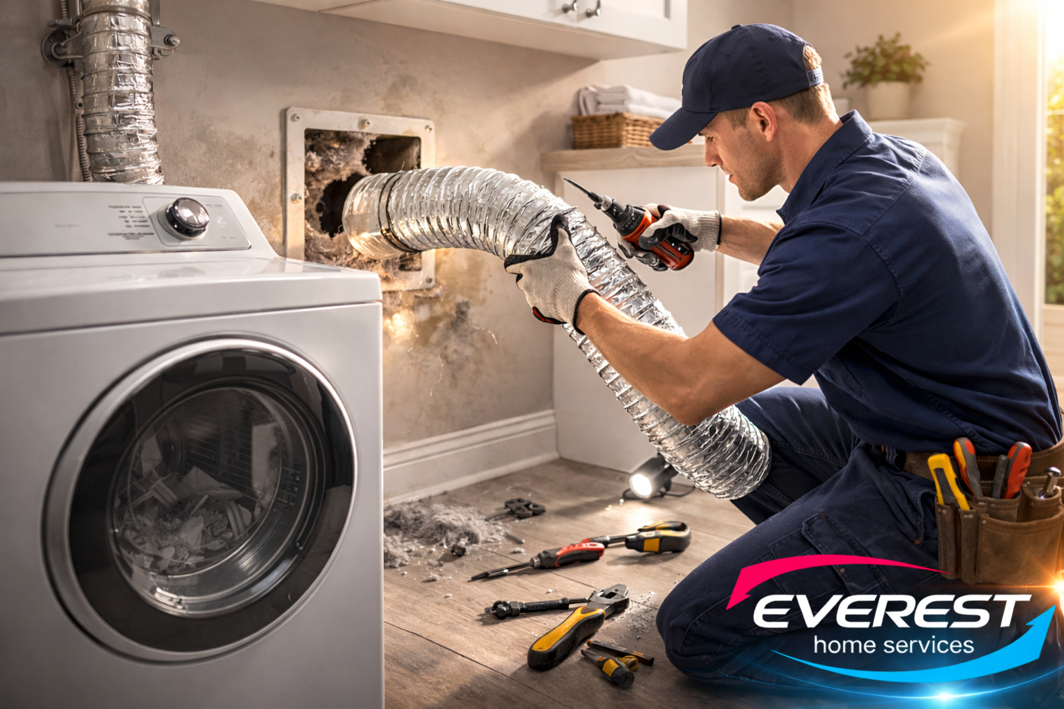 Technician repairing dryer vent duct to improve airflow and prevent fire hazards in Dallas-Fort Worth home