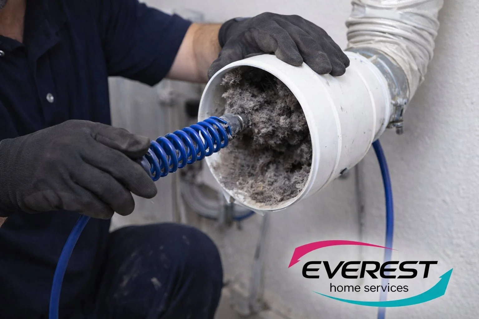 Technician cleaning lint buildup inside dryer booster fan to restore proper airflow