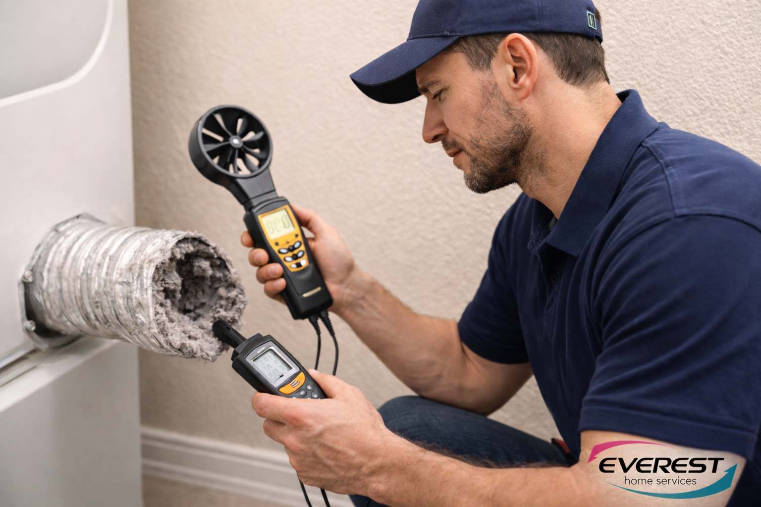Technician performing dryer vent inspection and airflow testing using professional meter to detect lint buildup and airflow restrictions in a home