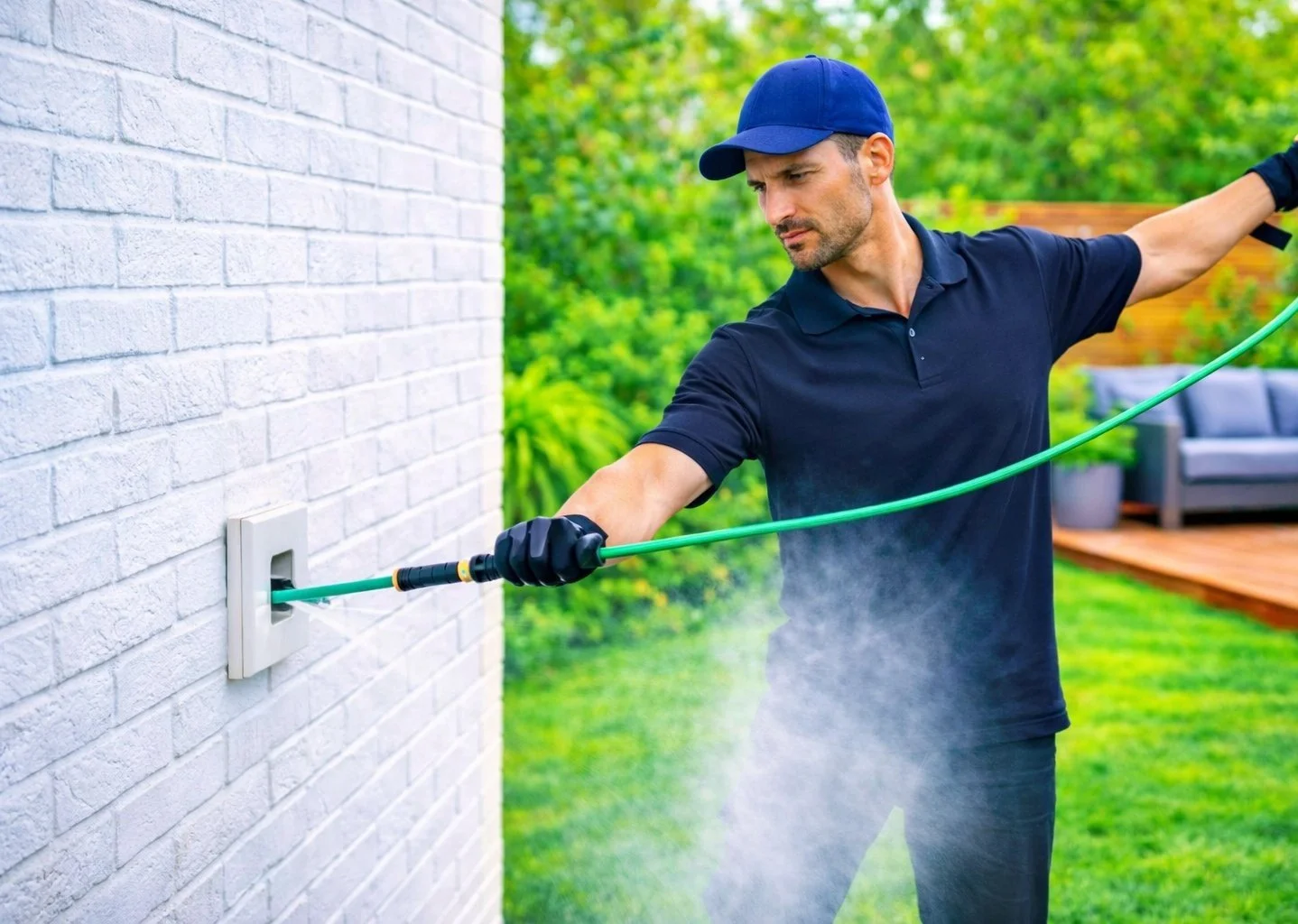 Everest Home Services technician cleaning dryer vent exterior with hose on white brick wall outside a residential home in Dallas TX