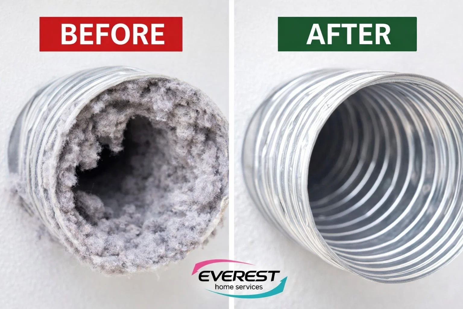 before and after professional dryer vent cleaning in Dallas Fort Worth showing lint buildup removed