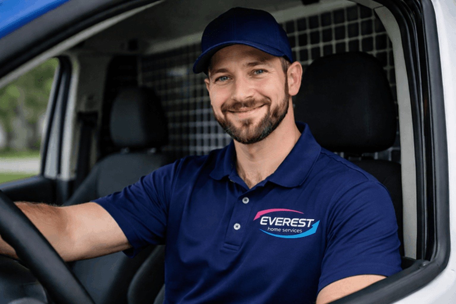 Everest Home Services technician smiling inside branded service van in Plano TX, ready for dryer vent cleaning and repair service