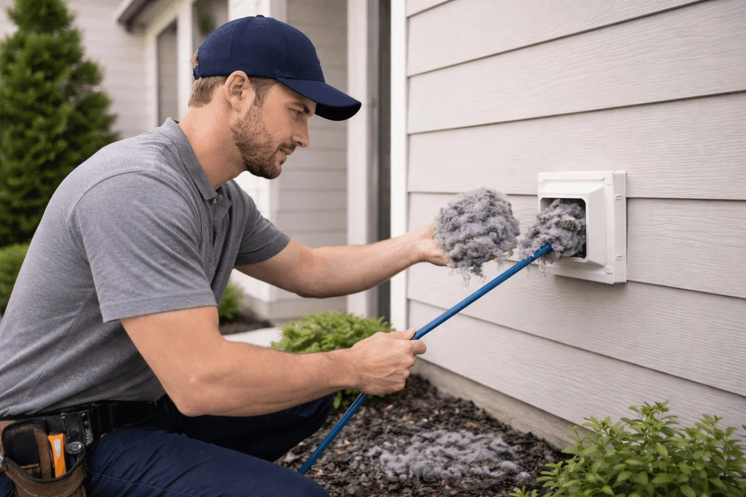 Professional technician cleaning a dryer vent on a modern siding home using a brush rod, removing lint buildup to improve airflow and reduce fire risk