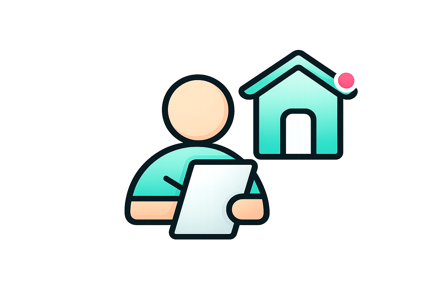 Home service inspection icon showing technician reviewing report next to house